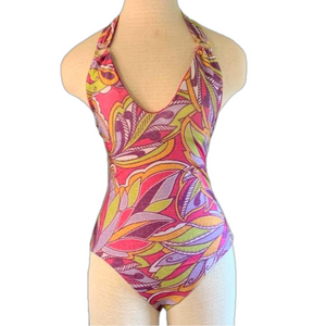 Becca sz S multi colored patterned one piece swimsuit with gold accent